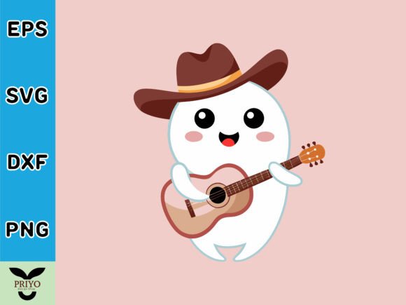 Cute Cartoon Ghost Playing Guitar with Cowboy Hat SVG Vector